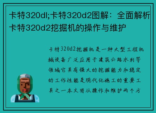 卡特320dl;卡特320d2图解：全面解析卡特320d2挖掘机的操作与维护